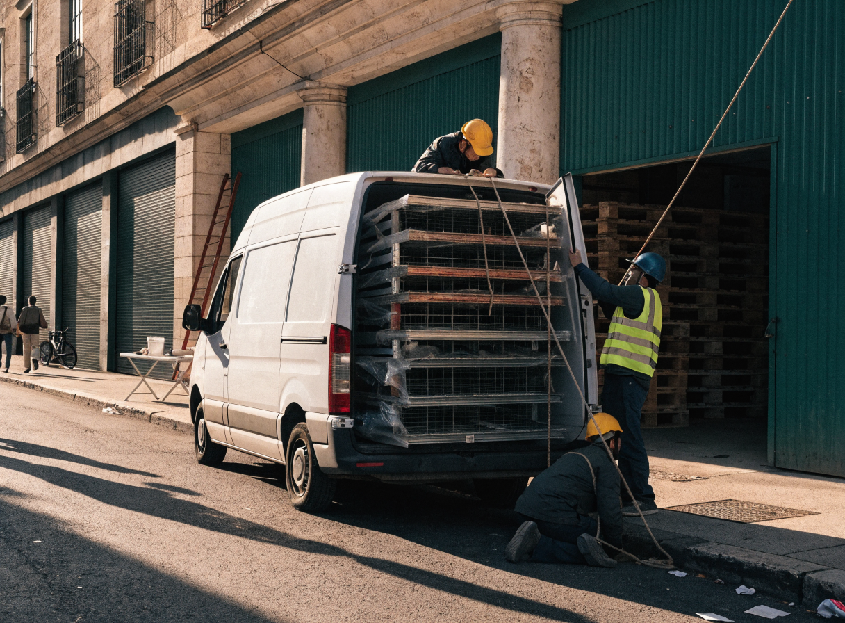 Furgone caricato con scaffalature industriali smontate fuori da un magazzino