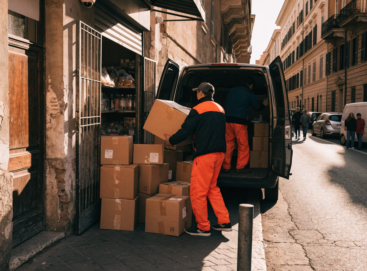 Operatori caricano scatoloni su un furgone davanti a un negozio a Roma