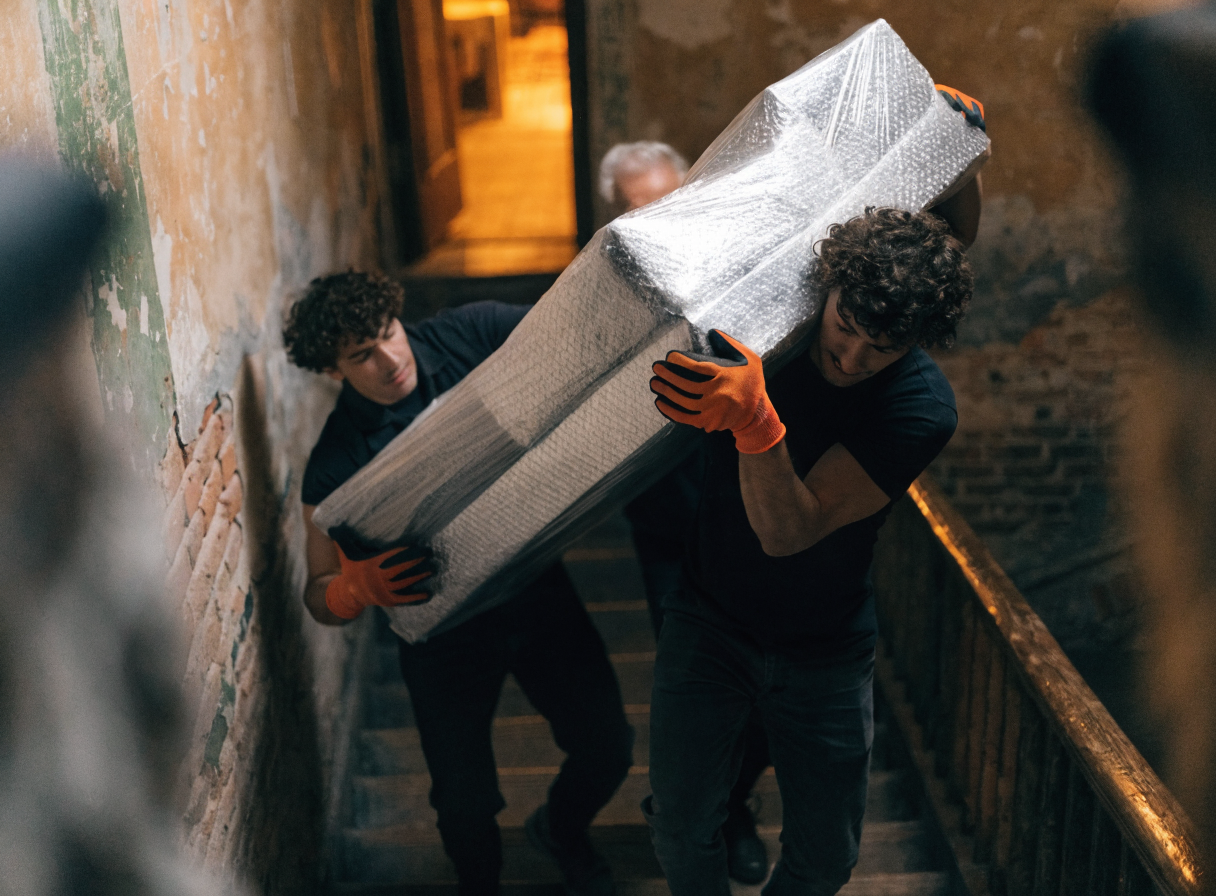 Operatori trasportano un divano imballato lungo le scale di un palazzo storico romano