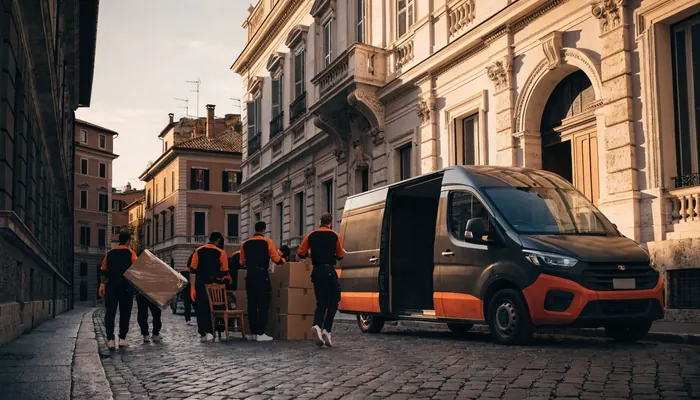 Squadra di sgombero al lavoro davanti a un palazzo storico a Roma, furgone parcheggiato sulla strada