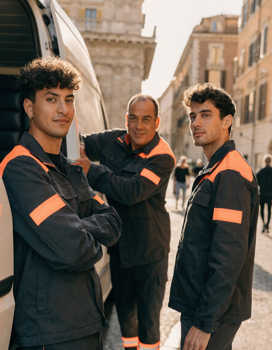 Tre operatori di Sgombero Roma accanto al furgone aziendale